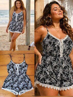 Molly Bracken Black White Lace Trim Romper Playsuit Size L Tropical Boho Summer